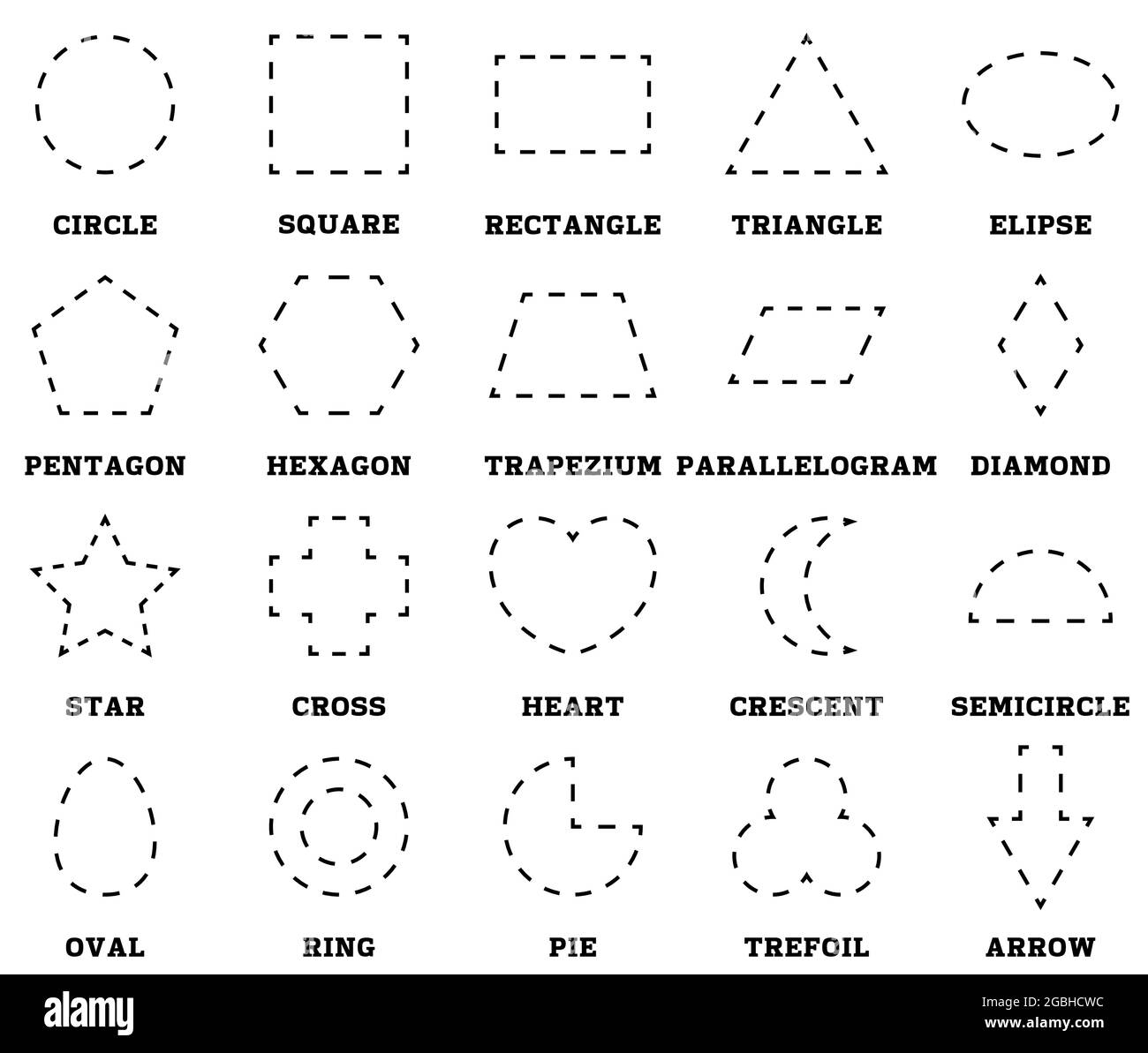 Scopri le forme e le figure geometriche. Prescolare o scuola materna foglio di lavoro per praticare le abilità motorie. Tracciatura di linee tratteggiate. Illustrazione vettoriale Illustrazione Vettoriale