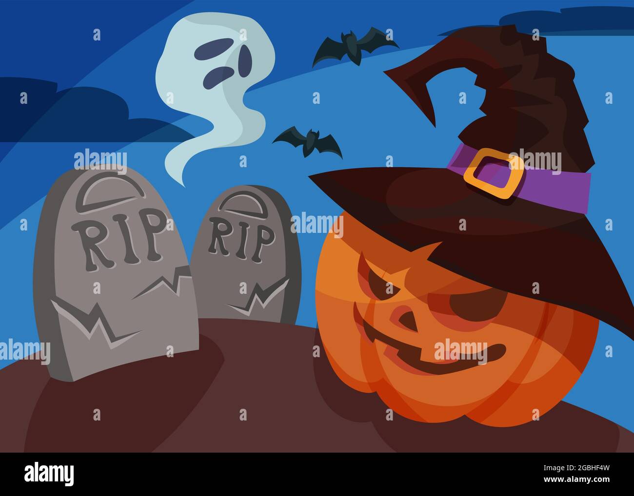 Banner con testa di zucca e fantasma. Halloween cartellone design in stile cartoon. Illustrazione Vettoriale