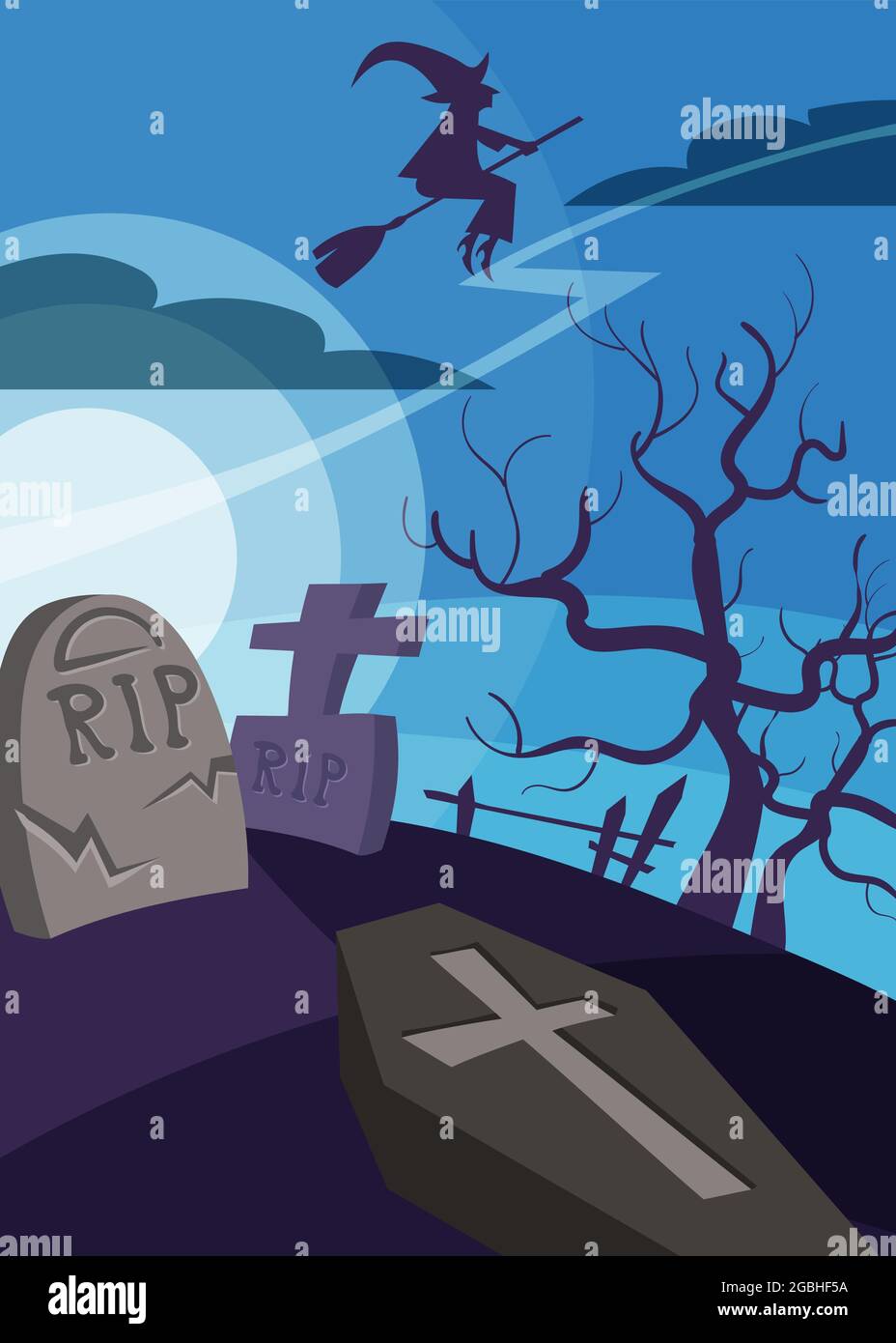 Poster con strega che sorvola il cimitero. Halloween cartellone design in stile cartoon. Illustrazione Vettoriale