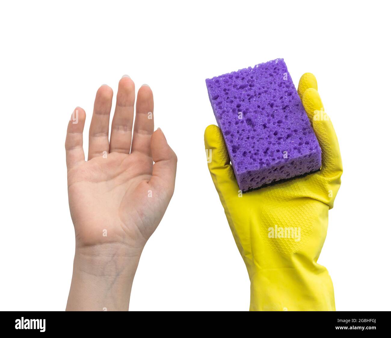 Mano in guanto di gomma e mano senza protezione, concetto di pulizia sicuro, isolaetd su una foto di sfondo bianco Foto Stock