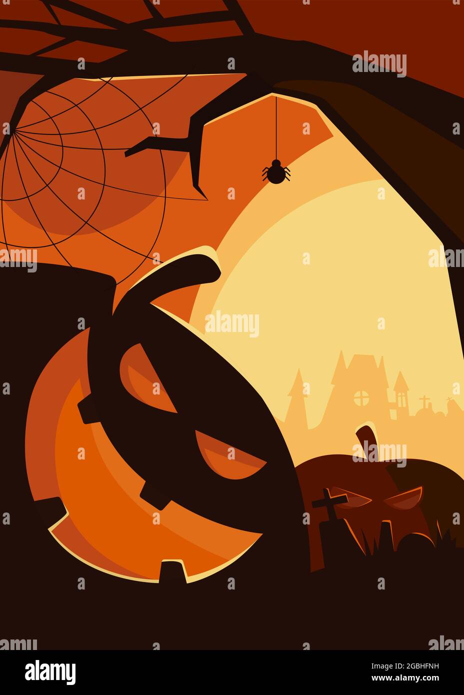 Poster Spooky con testine di zucca. Halloween cartellone design in stile cartoon. Illustrazione Vettoriale