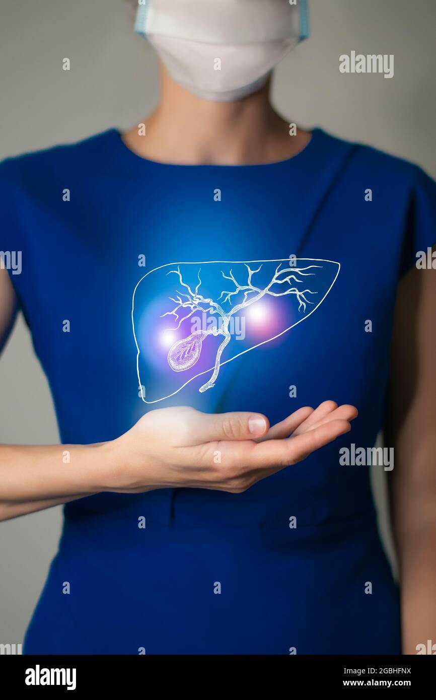 Donna in abiti blu che tiene in mano la vescica di gallina virtuale. Handrawn organo umano, disintossicazione e assistenza sanitaria, concetto di servizio sanitario ospedale phot stock Foto Stock