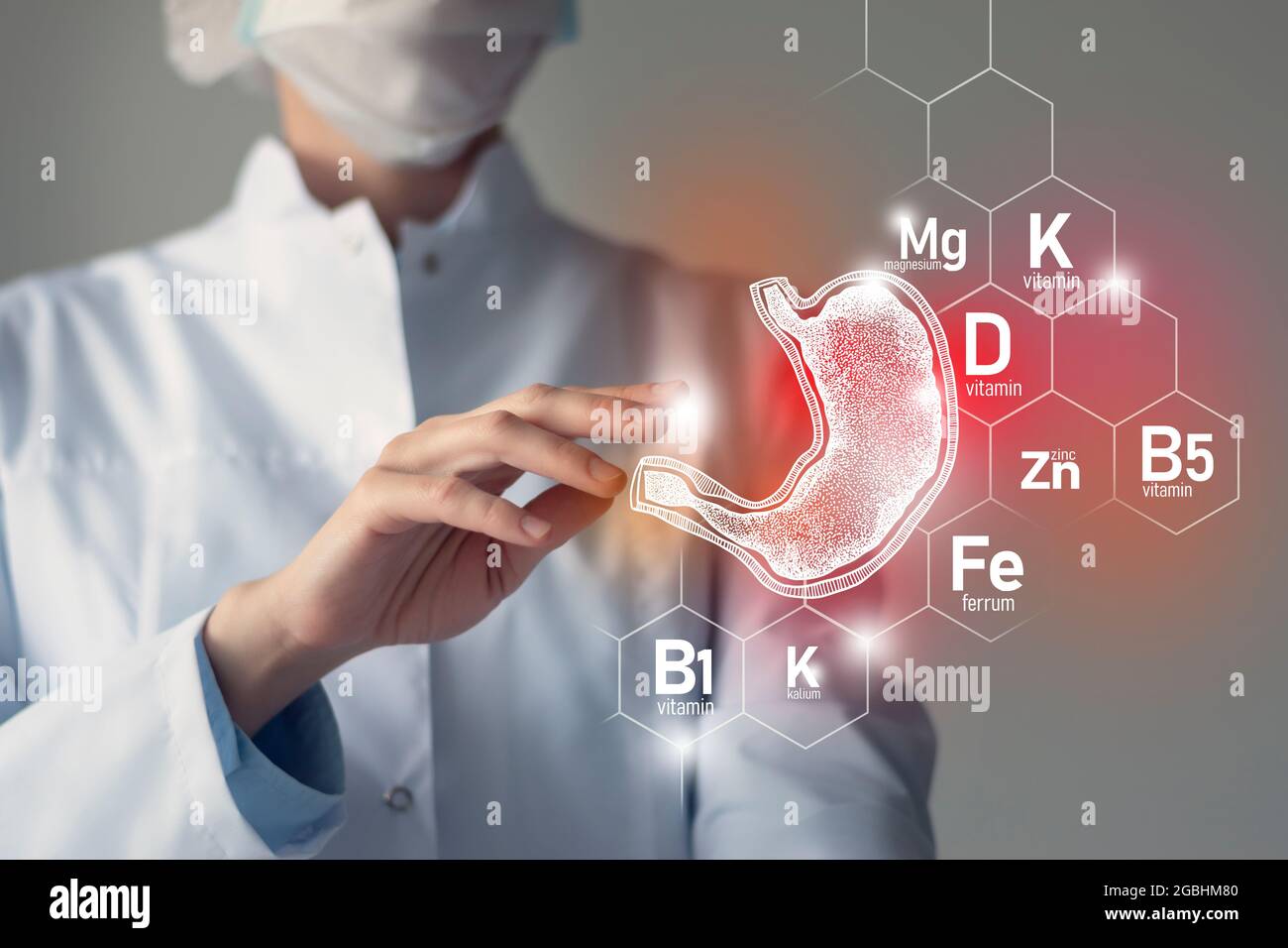 Nutrienti essenziali per la salute dello stomaco compreso zinco, Kalium, vitamina B5, ferro. Ritratto offuscato del medico che tiene evidenziato l'intestino rosso. Foto Stock