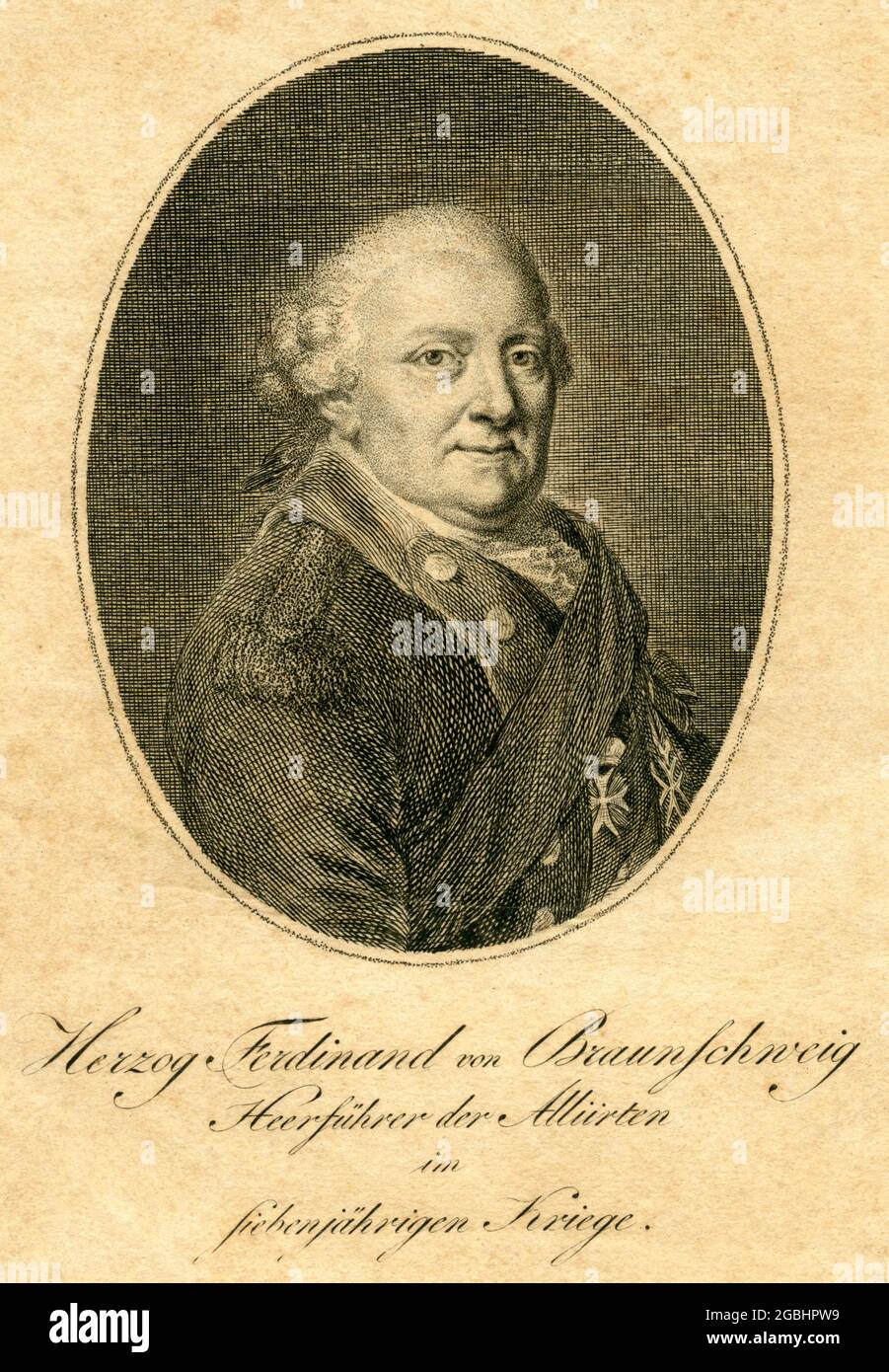 Europa, Deutschland, Niedersachsen, Wolfenbüttel, Herzog Ferdinand von Braunschweig, Heerführer der Allierten im Siebenjährigen Krieg, Kupferstich, um 1750 . / Europa, Germania, bassa Sassonia, Wolfenbüttel, Duca Ferdinando di Brunswick-Wolfenbüttel , leader millenario della guerra dei sette anni, incisione su copperplate, intorno al 1750 . Foto Stock