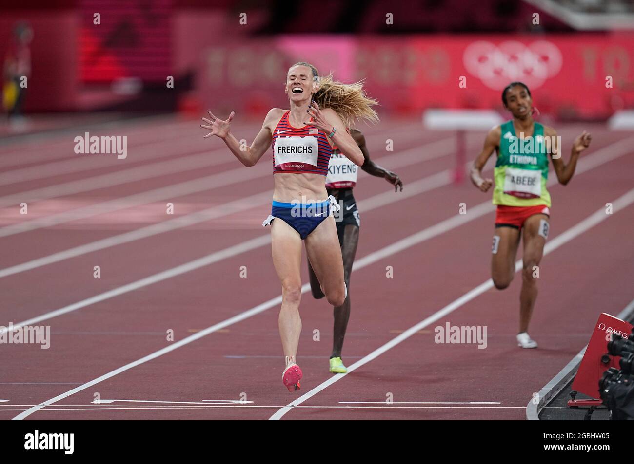 tokyo, Giappone, 4 agosto 2021: Courtney Frerichs dagli Stati Uniti vincendo argento in 3000 metri steeplechase per le donne alle Olimpiadi di Tokyo, Tokyo Olympic Stadium, Tokyo, Giappone}. Prezzo Kim/CSM Foto Stock