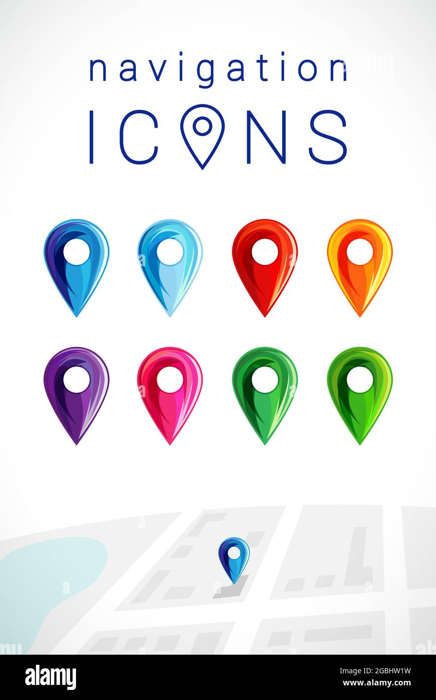 Set di icone di posizione 3D. Frecce della mappa dei colori, raccolta di logotipi, concetti creativi di identità di branding. Rosso, oro lucido, giallo, verde, blu e viola Illustrazione Vettoriale