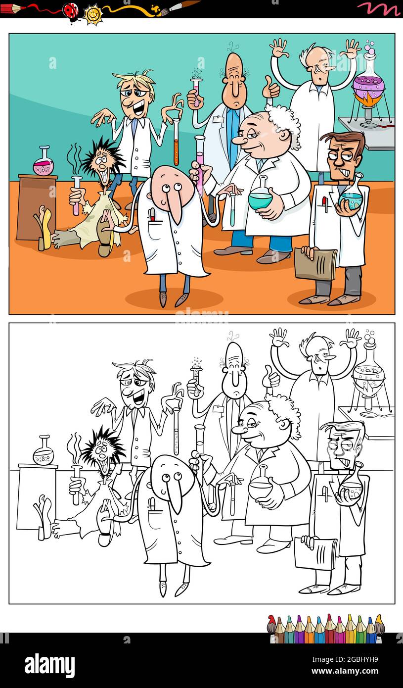 Illustrazione di cartoni animati di scienziati o inventori personaggi  fumetti in laboratorio colorazione pagina libro Immagine e Vettoriale -  Alamy