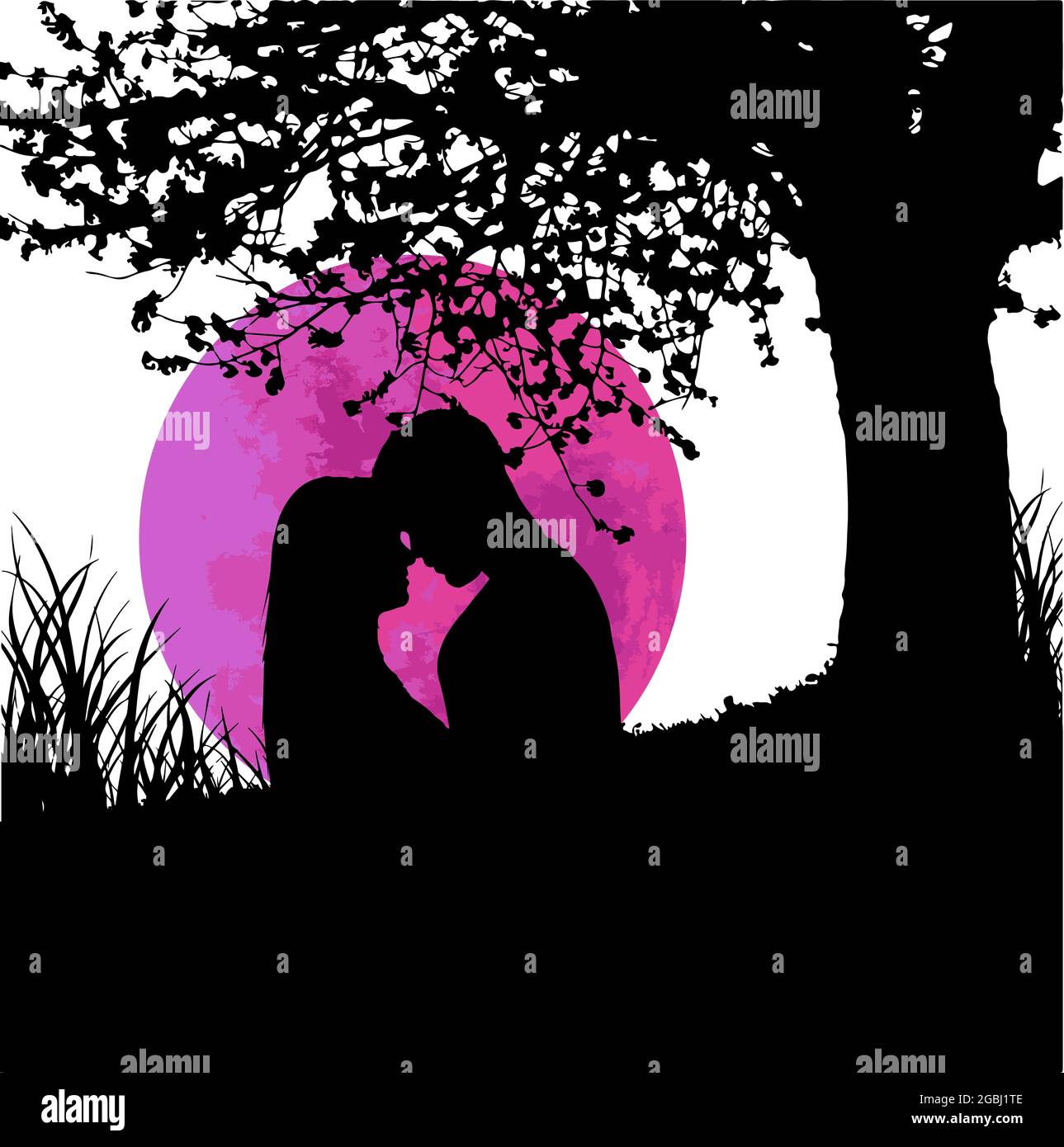 Due amanti che si riuniscono su campo d'erba sotto Big Tree e luna piena rosa. Adatto come una carta per la giornata di San Valentino Foto Stock