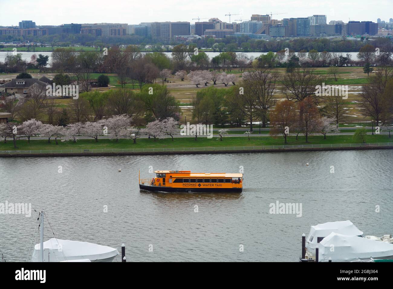 WASHINGTON, DC -2 Apr 2021- Vista di acqua gialla Potomac Taxi barca nel quartiere Wharf di Washington, DC, Stati Uniti, lungo il fiume Potomac Foto Stock