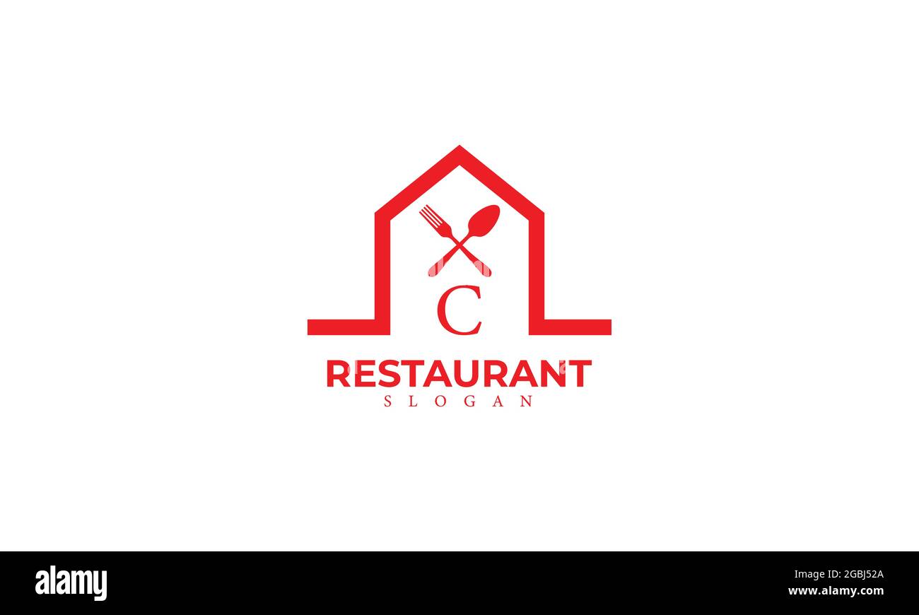 Modello del logo del vettore monogramma del ristorante Alphabet C, logo del cibo Letter C con icona a cucchiaio e a forchetta Illustrazione Vettoriale