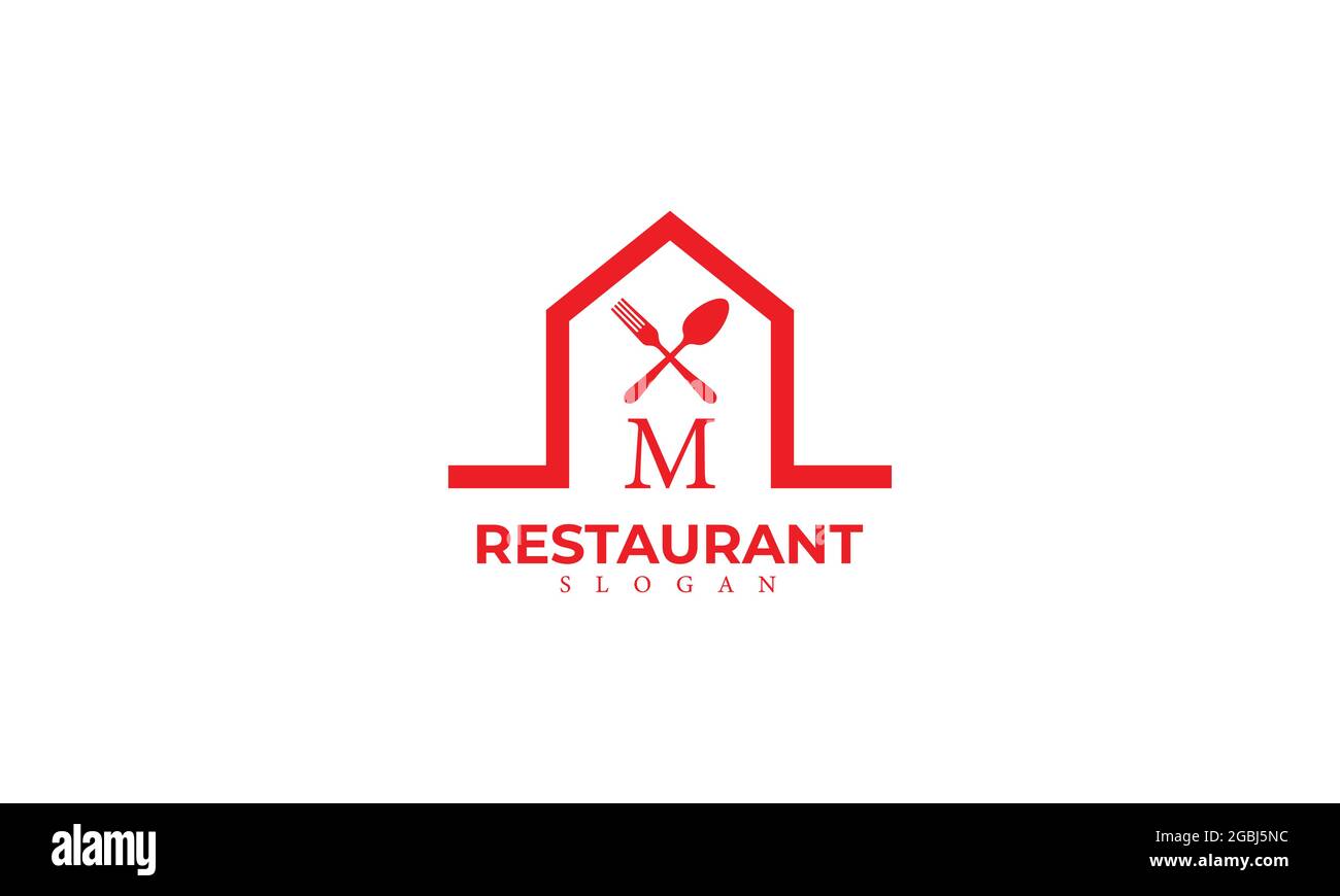 Modello del logo del vettore monogramma del ristorante Alphabet M, logo del cibo Letter M con icona a cucchiaio e a forchetta Illustrazione Vettoriale