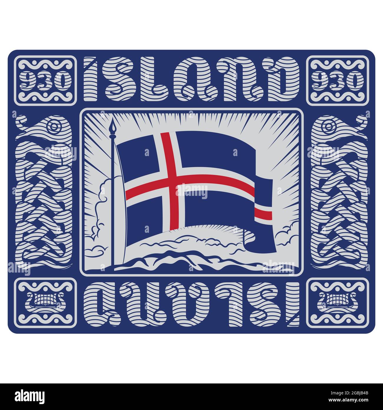 Design vichingo scandinavo. Bandiera islandese e modello del Vecchio Norse sotto forma di serpente mitologico Illustrazione Vettoriale