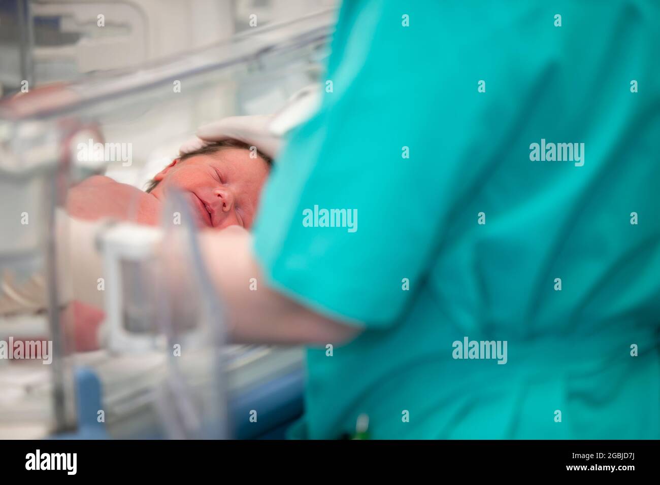 Le mani del medico in guanti di gomma stanno tenendo la testa di un neonato che si trova nella scatola medica. Foto Stock