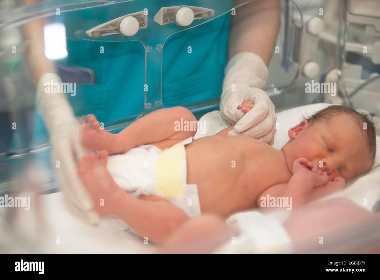 Le mani del medico in guanti di gomma stanno tenendo le dita piccole di un neonato che si trova nella scatola medica. Foto Stock