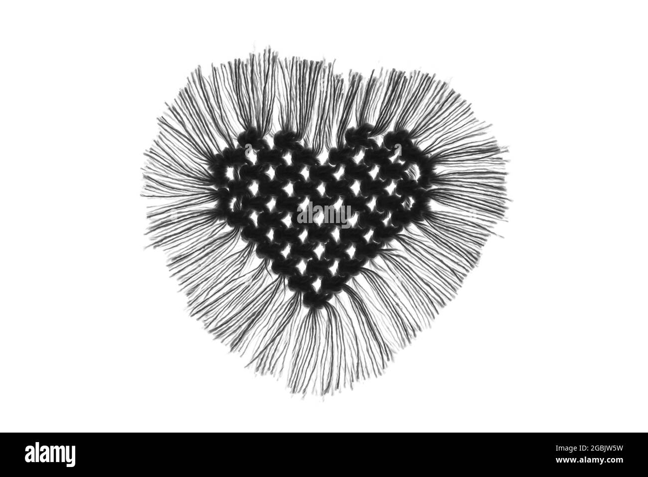 Tappetino a forma di cuore in cordoncino con armatura in macrame su sfondo bianco Foto Stock