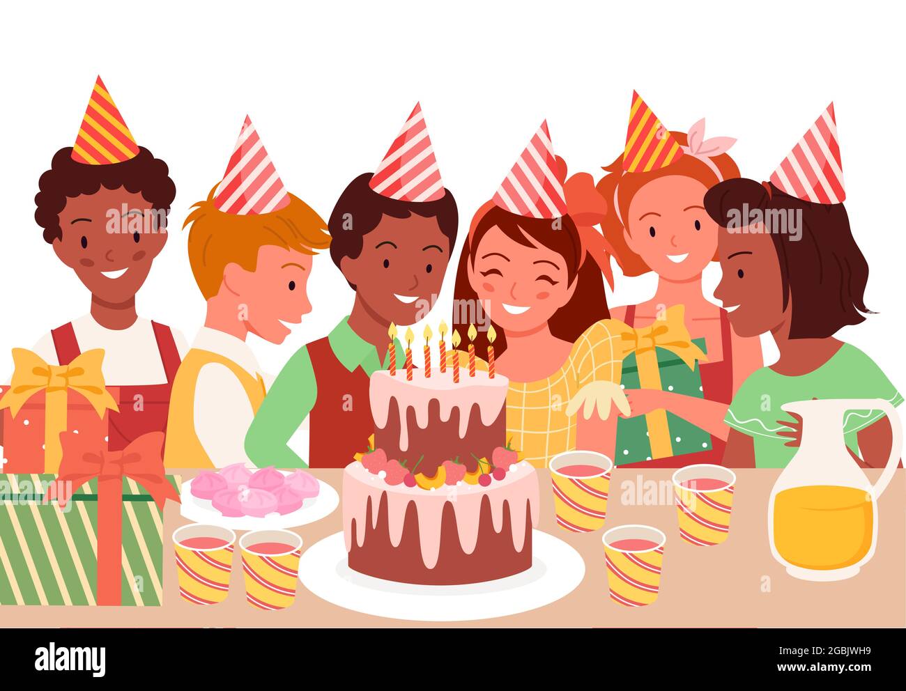 I bambini festeggiano la festa di compleanno, festeggiano il divertimento, i bambini felici seduti al tavolo delle feste Illustrazione Vettoriale