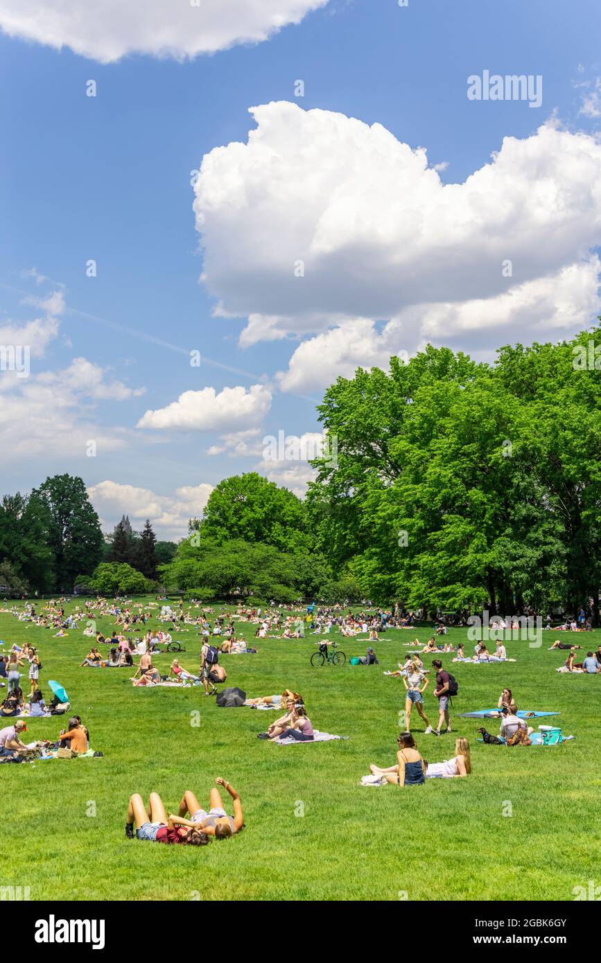 La gente si rilassa sul prato delle pecore di Central Park in mezzo a Pandemic di COVID-19 New York. Foto Stock