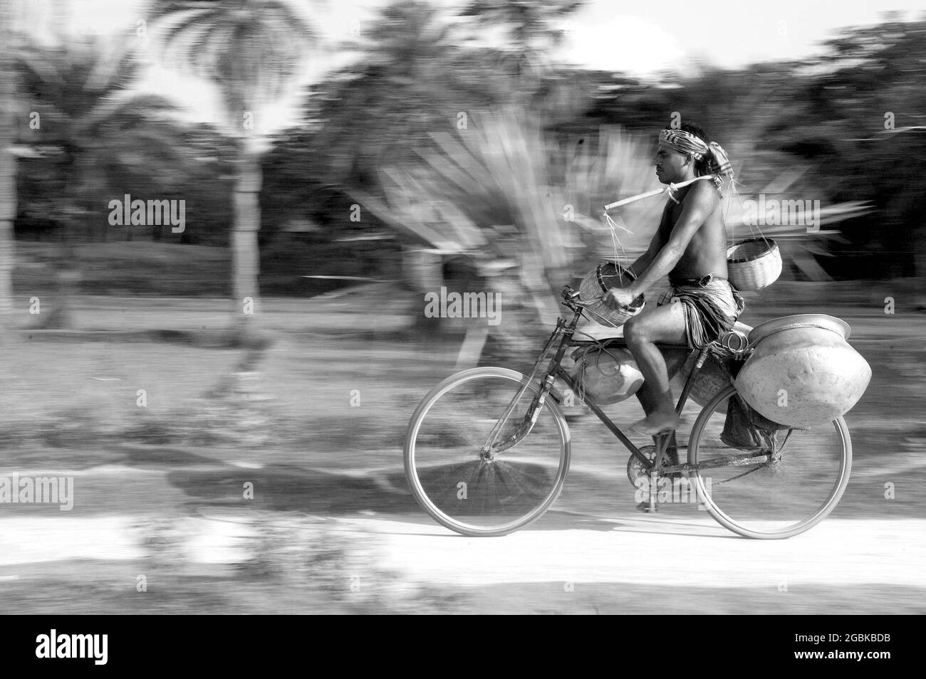 Un pescatore si cicla al bazar per vendere pesce. Dumuria, Khulna, Bangladesh. 1° giugno 2008. Foto Stock