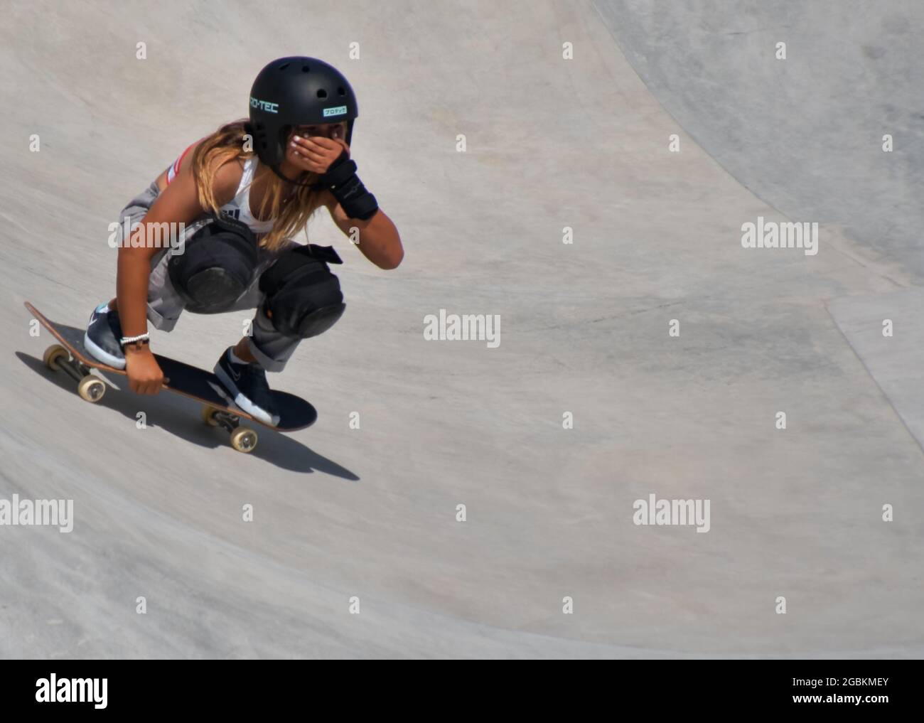 Tokyo, Giappone. 04 agosto 2021. Il Great Britain's Sky Brown festeggia dopo essere stato in finale durante le Olimpiadi di Tokyo Women's Park Skateboarding presso l'Ariake Urban Sports Park di Tokyo, Giappone, mercoledì 4 agosto 2021. Foto di Keizo Mori/UPI Credit: UPI/Alamy Live News Foto Stock