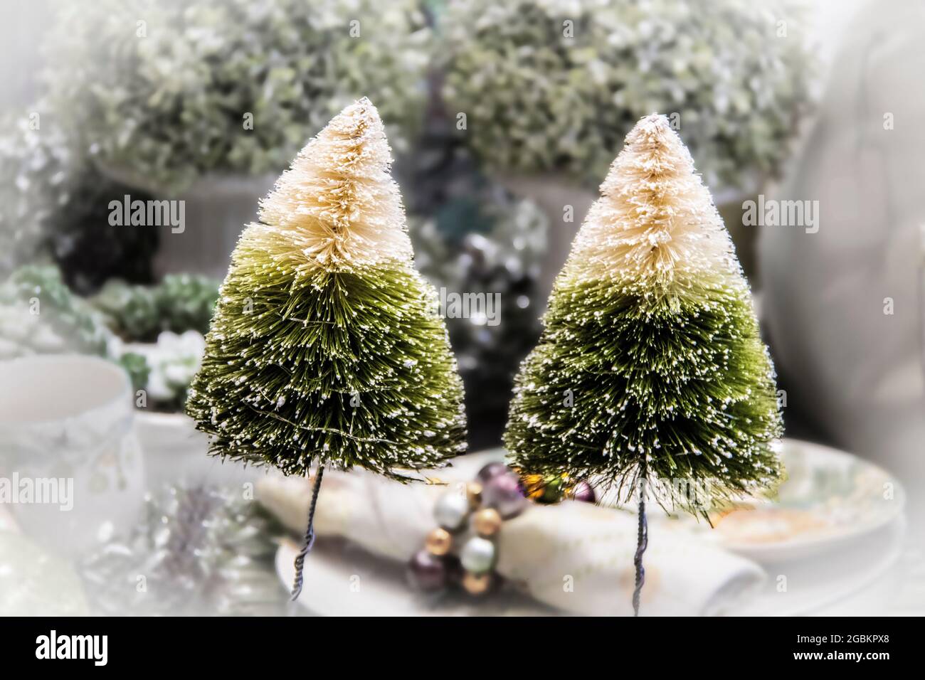 Esposizione da tavolo da sogno di due alberi di bottlebrush con porta perle su tovagliolo e verde di Natale sfocato sullo sfondo. Foto Stock