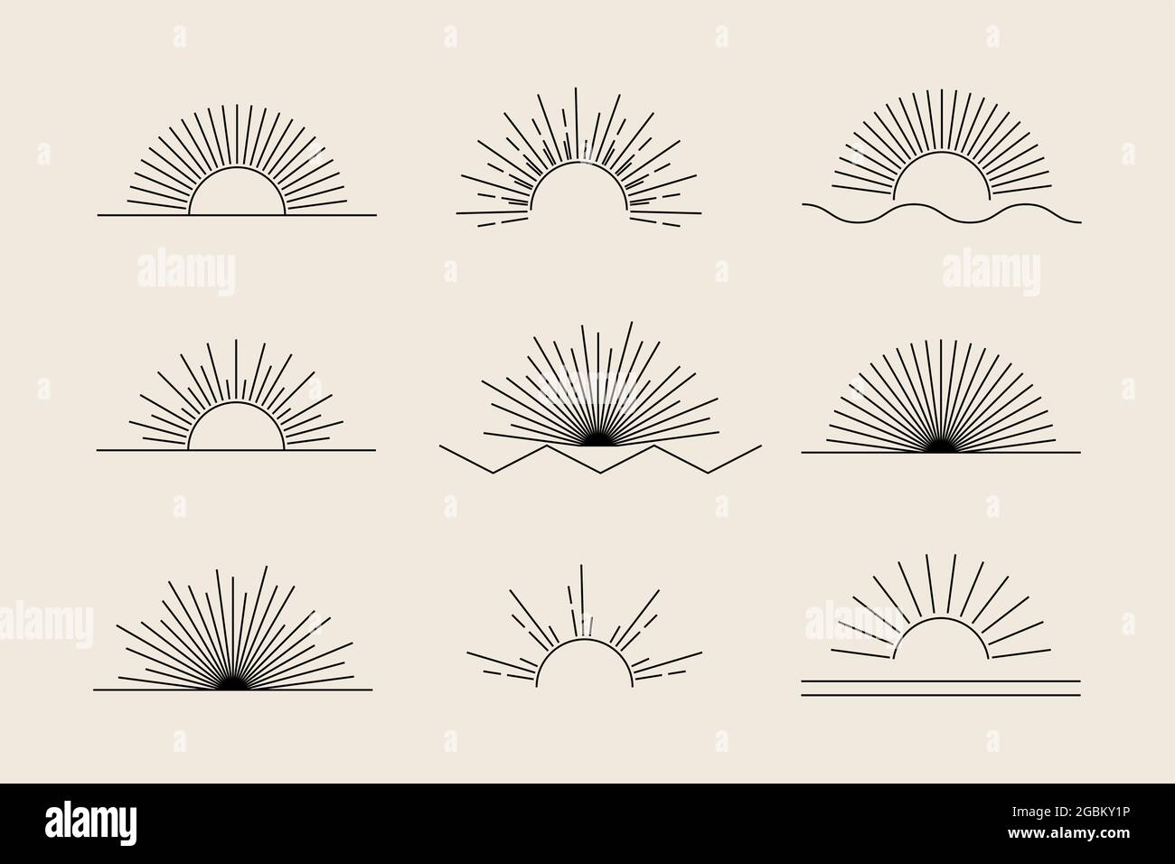 Vector Sun Set di icone e simboli boho lineari neri, maschere di design per il logo del sole, elementi di design astratti per la decorazione in stile moderno minimalista Illustrazione Vettoriale