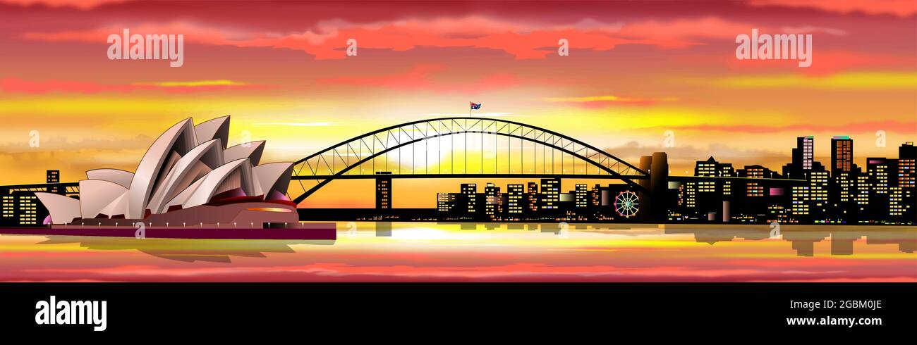 Città australiana di Sydney. Edificio dell'Opera. Ponte sulla baia. Sole, cielo con nuvole. Tramonto. Illustrazione Vettoriale