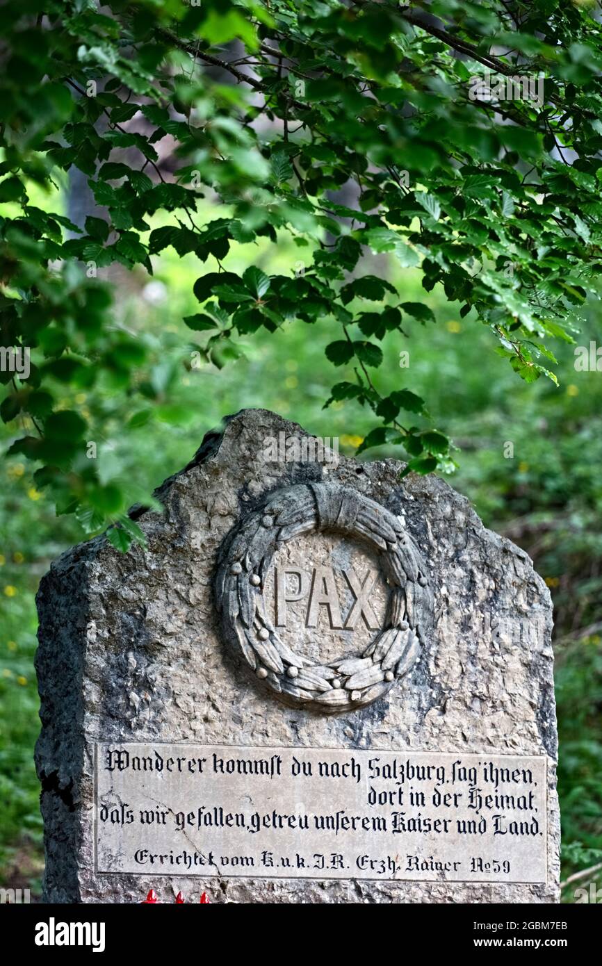 Pietra commemorativa nel Cimitero della Grande Guerra al 59° Reggimento austriaco - Rainer. Altopiano dei Fiorentini, Arsiero, provincia di Vicenza, Veneto, Italia, Europa. Foto Stock