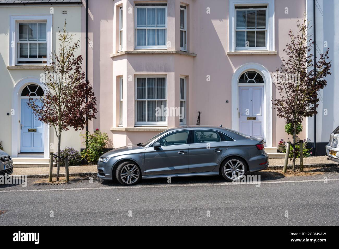Gli alberi di strada segnano i posti di parcheggio sulla strada all'esterno delle nuove case costruite nella nuova città di Poundbury, Dorset. Foto Stock
