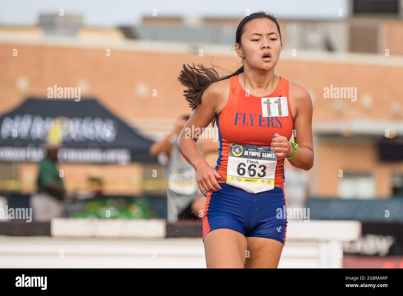 4 agosto 2021: Hailey Finch compete nella divisione femminile di 17-18 metri Steeplechase 2000 anni nei Giochi Olimpici Junior di AAU 2021 al George Turner Stadium di Houston, Texas. Prentice C. James/CSM Foto Stock