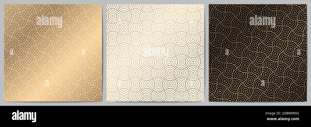 Serie di modelli giapponesi o cinesi con sovrapposizione di cerchi. Sfondo oro tradizionale di lusso.Design per decorativo, carta da parati; abbigliamento; wrapping Illustrazione Vettoriale