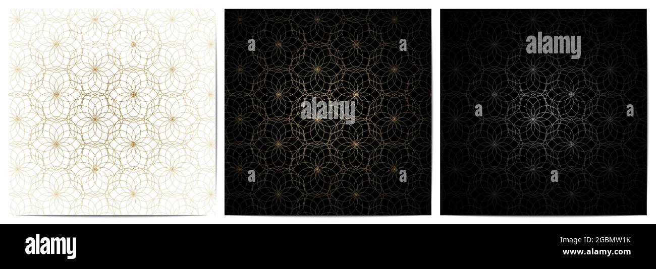 Set di astratto geometrico senza cuciture cerchio linee semplici motivo floreale. Lusso di sfondo nero, bianco e oro.Design per decorativo, carta da parati Illustrazione Vettoriale