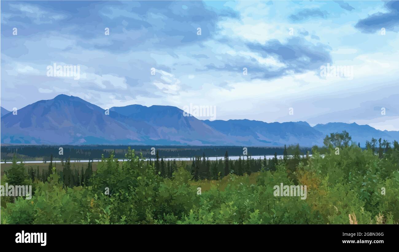 Denali National Park, paesaggio vettoriale dell'Alaska. Illustrazione Vettoriale