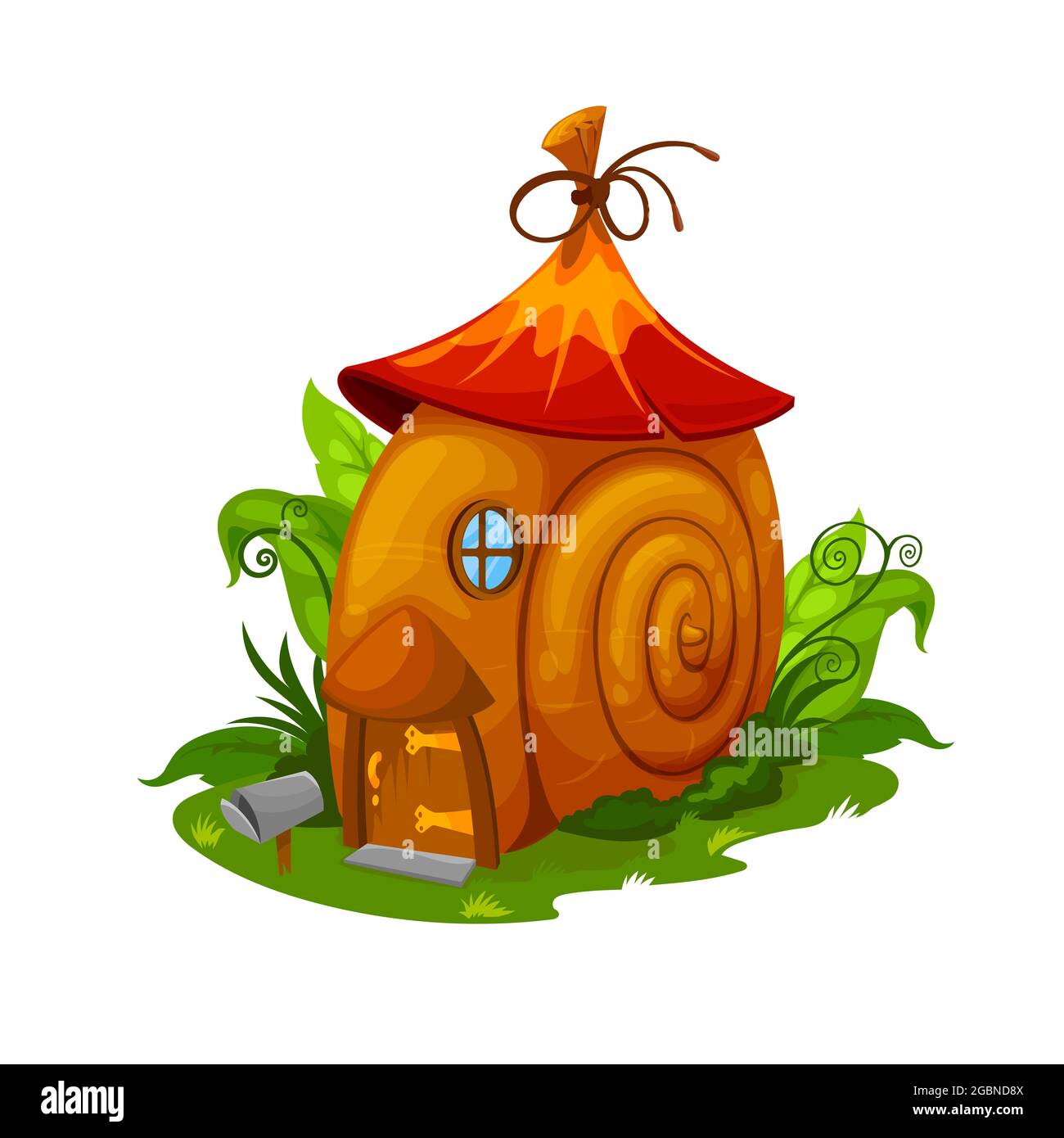 Fata casa di lumaca, gnome ed elfo dimora. Cartoon vettore fata casa in coclea spirale conchiglia posto su campo verde con cespugli e erba. Fantasia carina Illustrazione Vettoriale