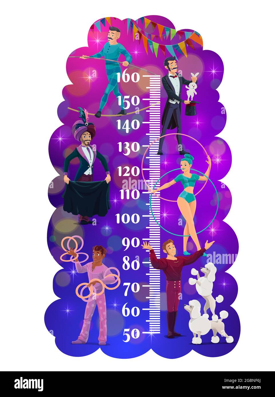 Tabella altezza bambini. Shapito circus artisti. Misuratore di crescita bambino con mago circo, addestratore animale e tightrope performer a piedi, giocoliere, acroba Illustrazione Vettoriale