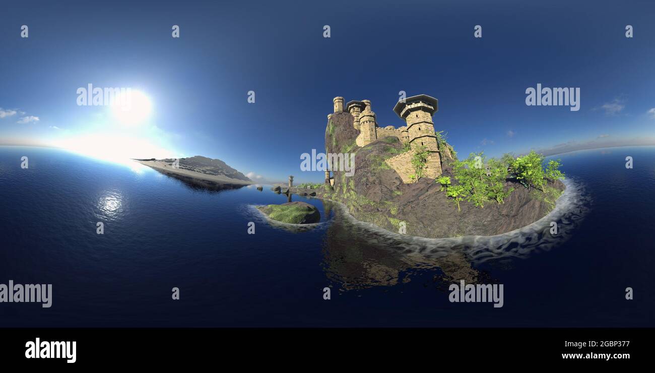 Mappa HDRI, sfondo panorama dell'ambiente sferico, rendering della sorgente luminosa con castello medievale che si affaccia sull'oceano (rendering equirettangolare 3d) Foto Stock