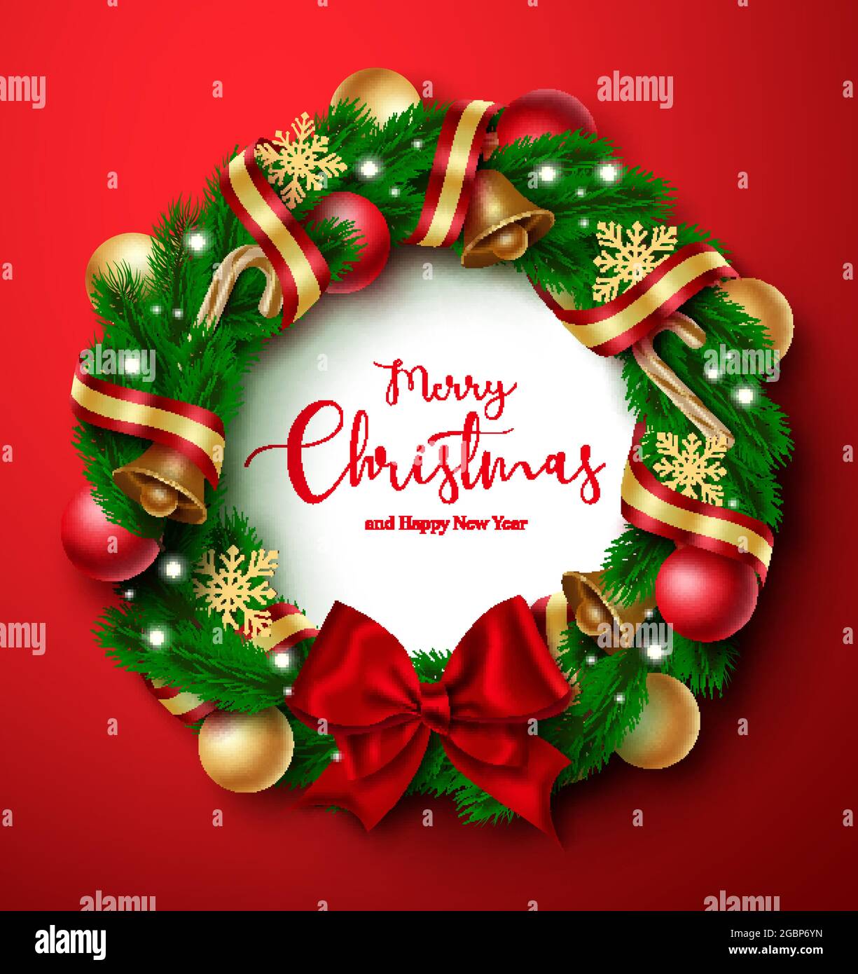 Disegno vettoriale wreath di Natale. Buon natale e felice anno nuovo testo di saluto in abete wreath rami elemento con palla colorata, campana e nastro. Illustrazione Vettoriale