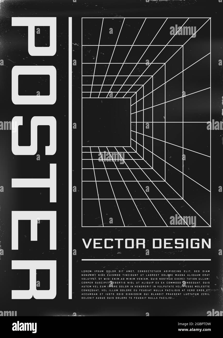 Poster dal design retrovuturistico con tunnel a griglia in prospettiva. Poster in stile cyberpunk anni '80 con tunnel laser prospettico. Modello shabby graffiato flyer Illustrazione Vettoriale