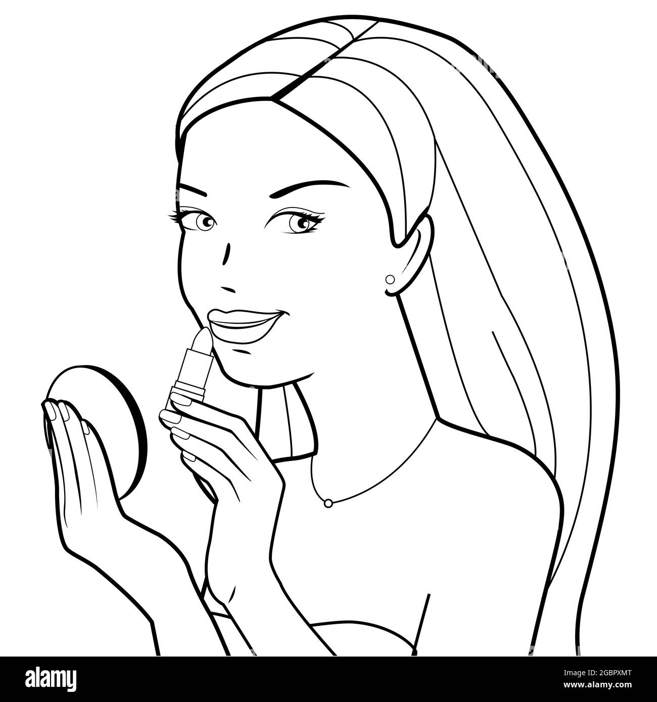 Una bella giovane donna che la mette sul rossetto. Illustrazione in bianco e nero Foto Stock