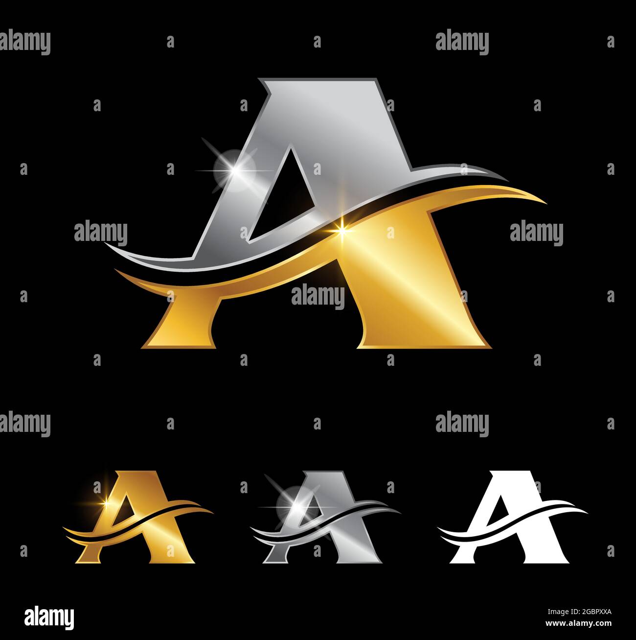 Un'illustrazione vettoriale del monogramma Oro e Argento lettera A su sfondo nero con effetto lucido dorato e cromato Illustrazione Vettoriale
