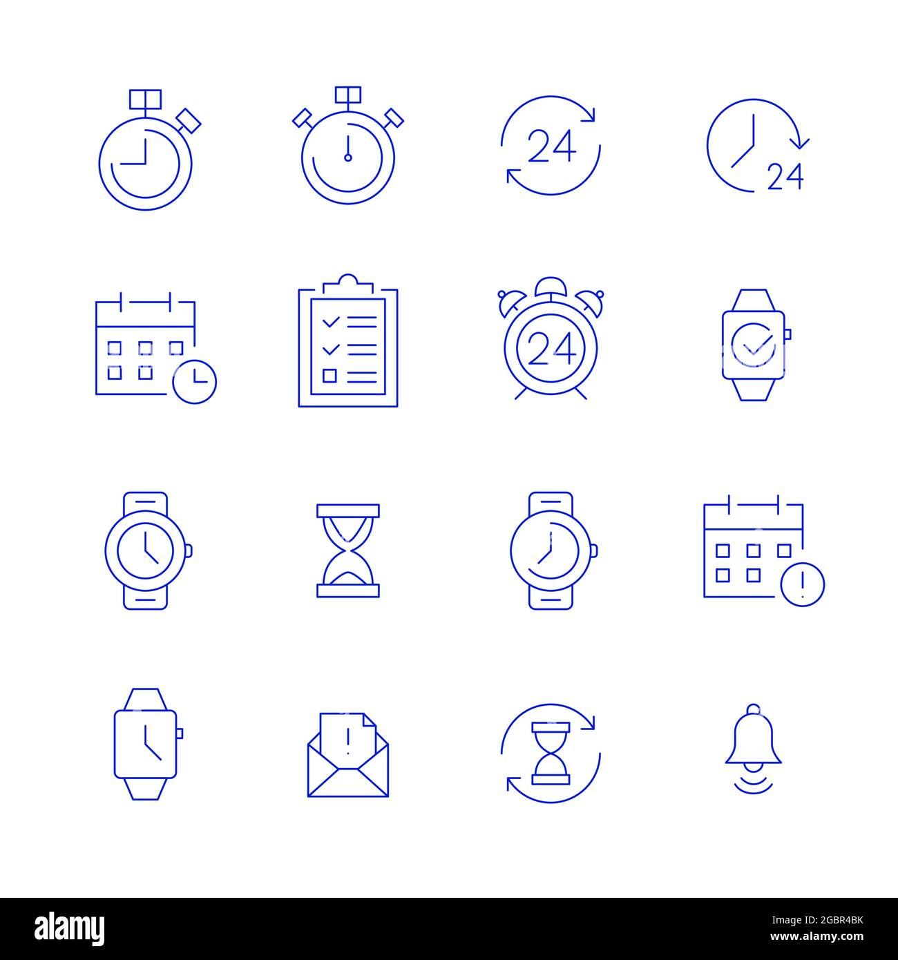 Icone di data e ora. Orologio, clessidra, notifica, cronometro, ore di lavoro 24 ore su 24. Tratto pixel perfetto e modificabile Illustrazione Vettoriale