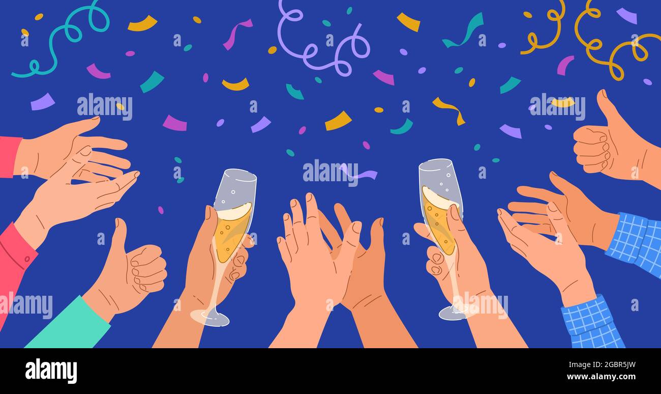 Aggrappando le mani umane con bicchieri di champagne su fondo confetti scuro. Il team aziendale festeggia il nuovo anno, il compleanno, l'anniversario o il successo aziendale. Illustrazione Vettoriale