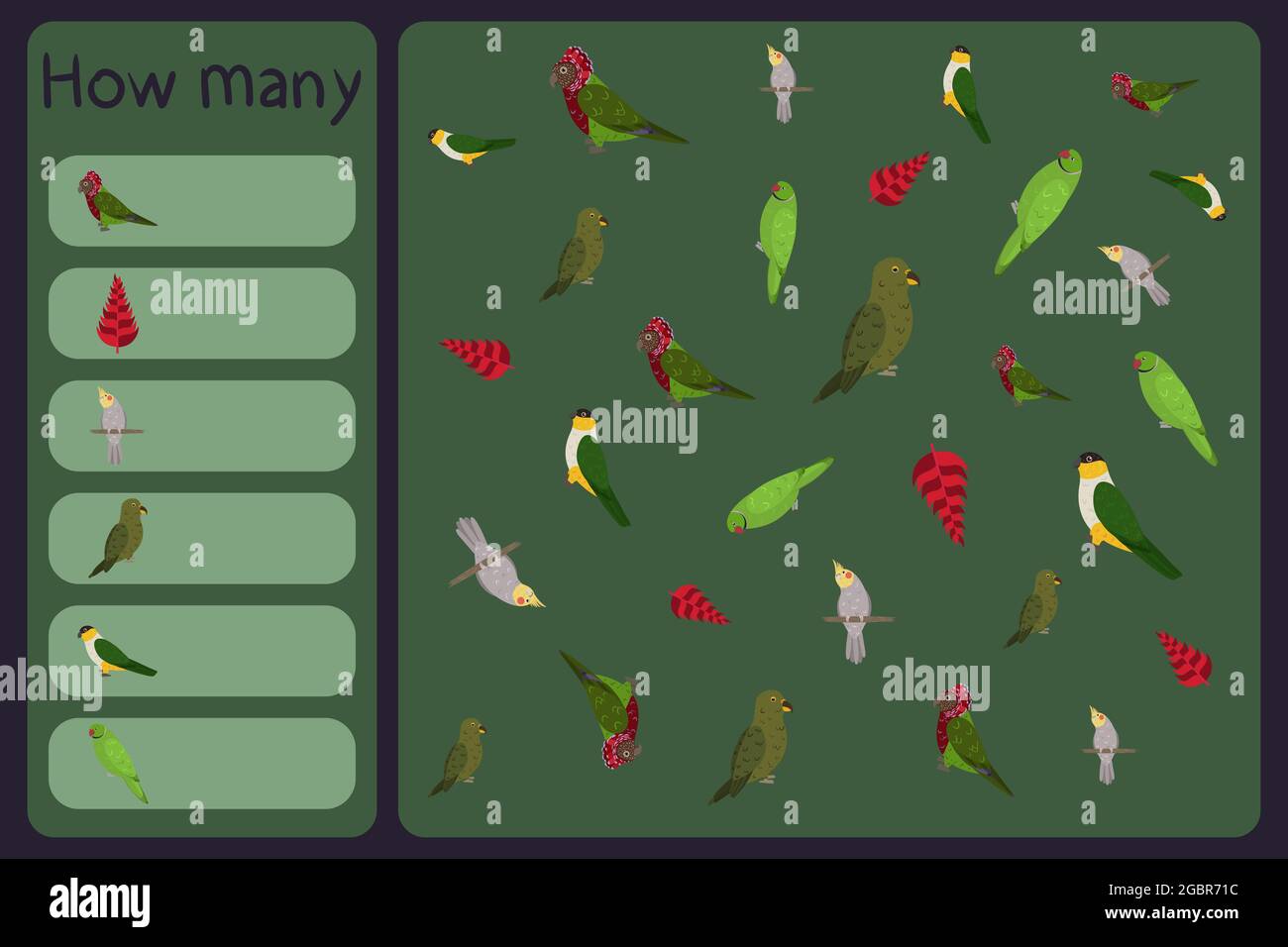 Mini gioco matematico per bambini - contare quanti pappagalli e fiori tropicali - fan rosso, cockatiel, kea, testa nera, rosa anello. Giochi educativi per bambini. Modello di disegno cartoon Illustrazione Vettoriale