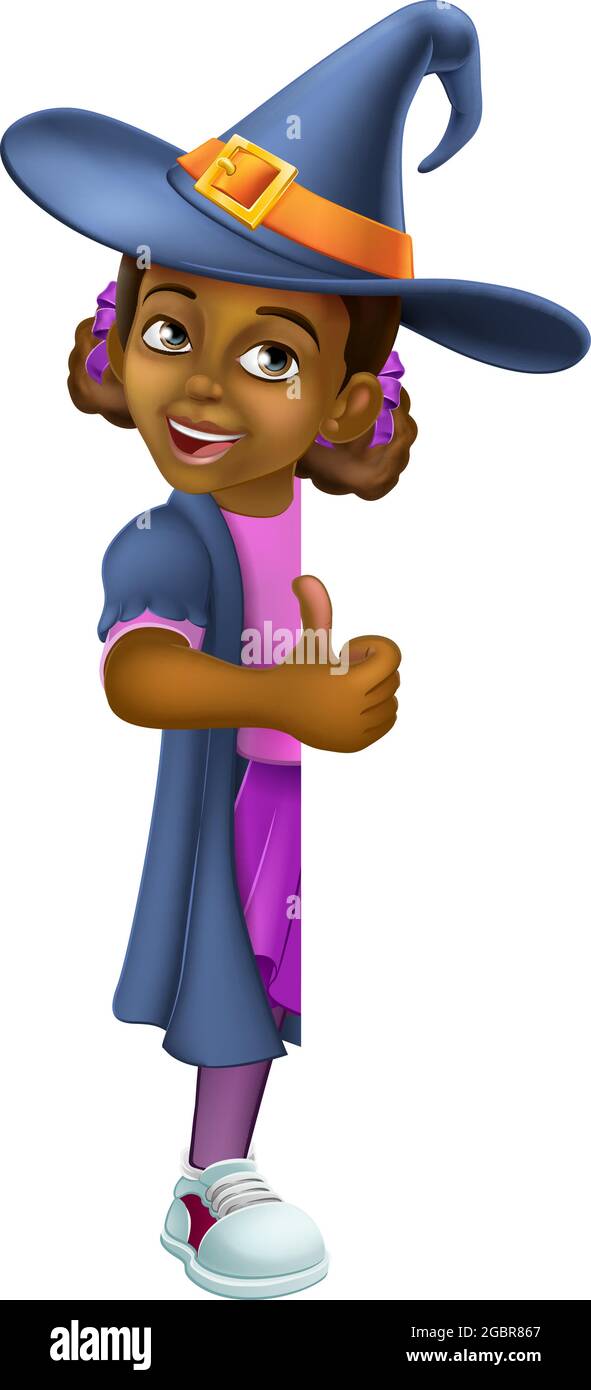 Black Girl Cartoon Bambino Halloween segno strega Illustrazione Vettoriale