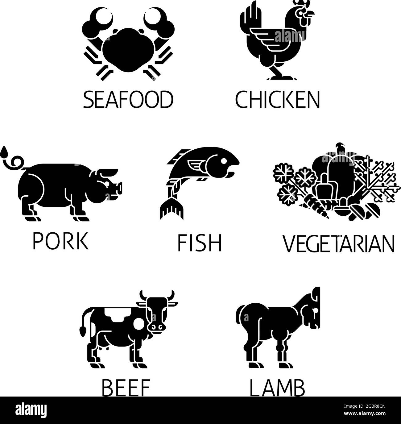 Etichette per alimenti Opzioni del menu icone dei pasti Illustrazione Vettoriale