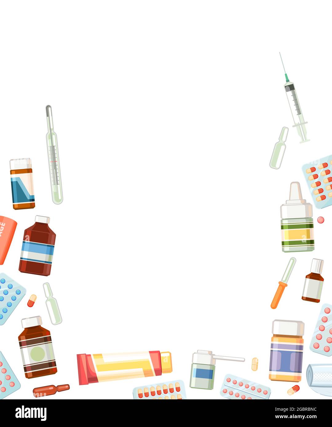 Struttura farmaci. Illustrazione con pillole, capsule, termometro, siringa, bendaggio, unguento. Farmaci. Isolato sullo sfondo. Design piatto Illustrazione Vettoriale