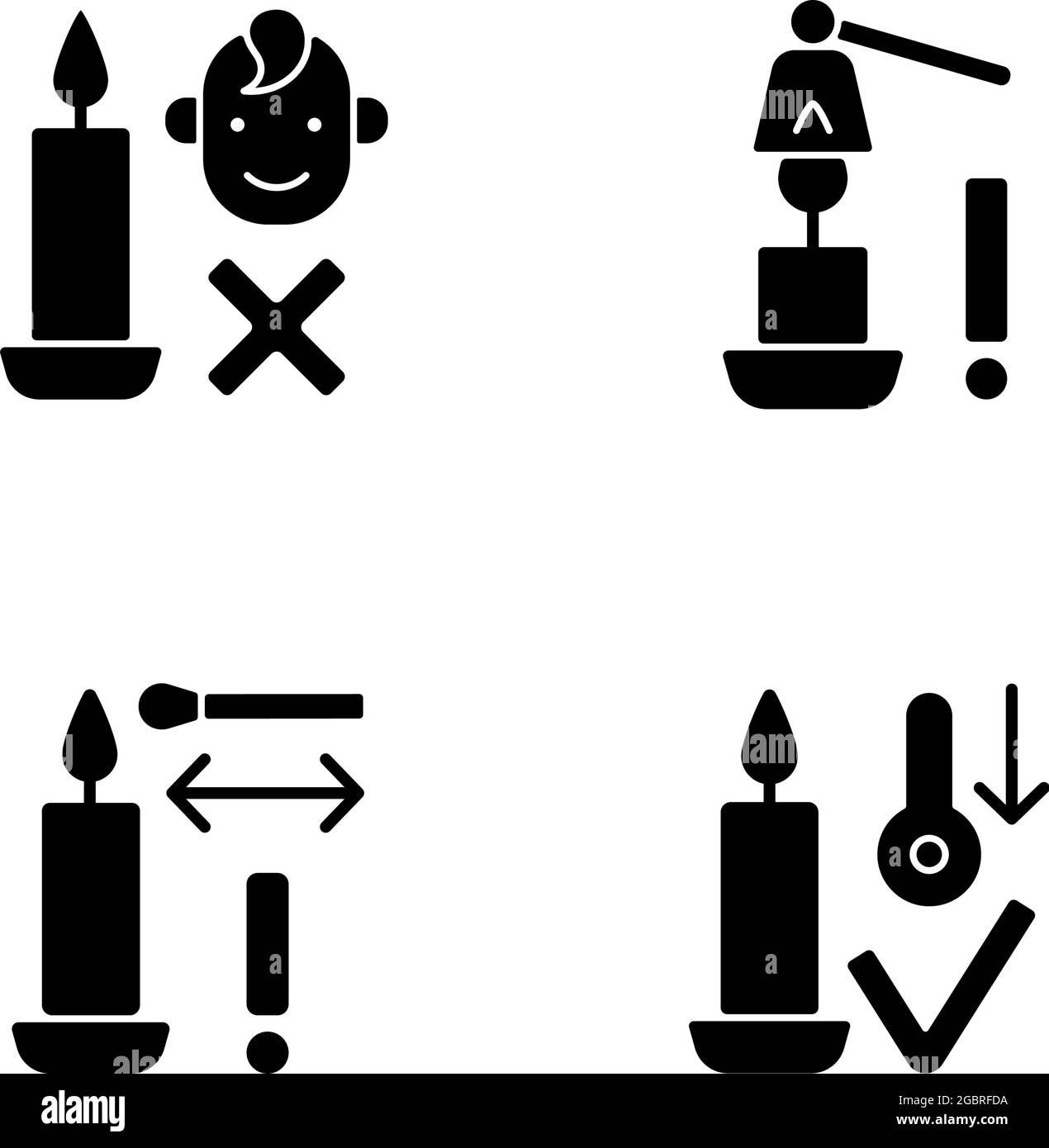 Bruciare le candele in modo sicuro nero glyph etichetta manuale icone set su spazio bianco Illustrazione Vettoriale