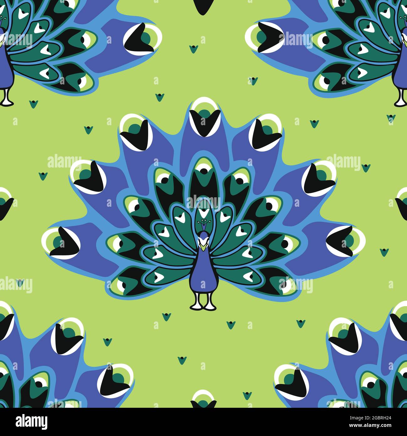 Pattern vettoriale senza giunture con pavoni blu su sfondo verde. Bel disegno di carta da parati di uccello. Ripetere tessile indiano di moda. Illustrazione Vettoriale