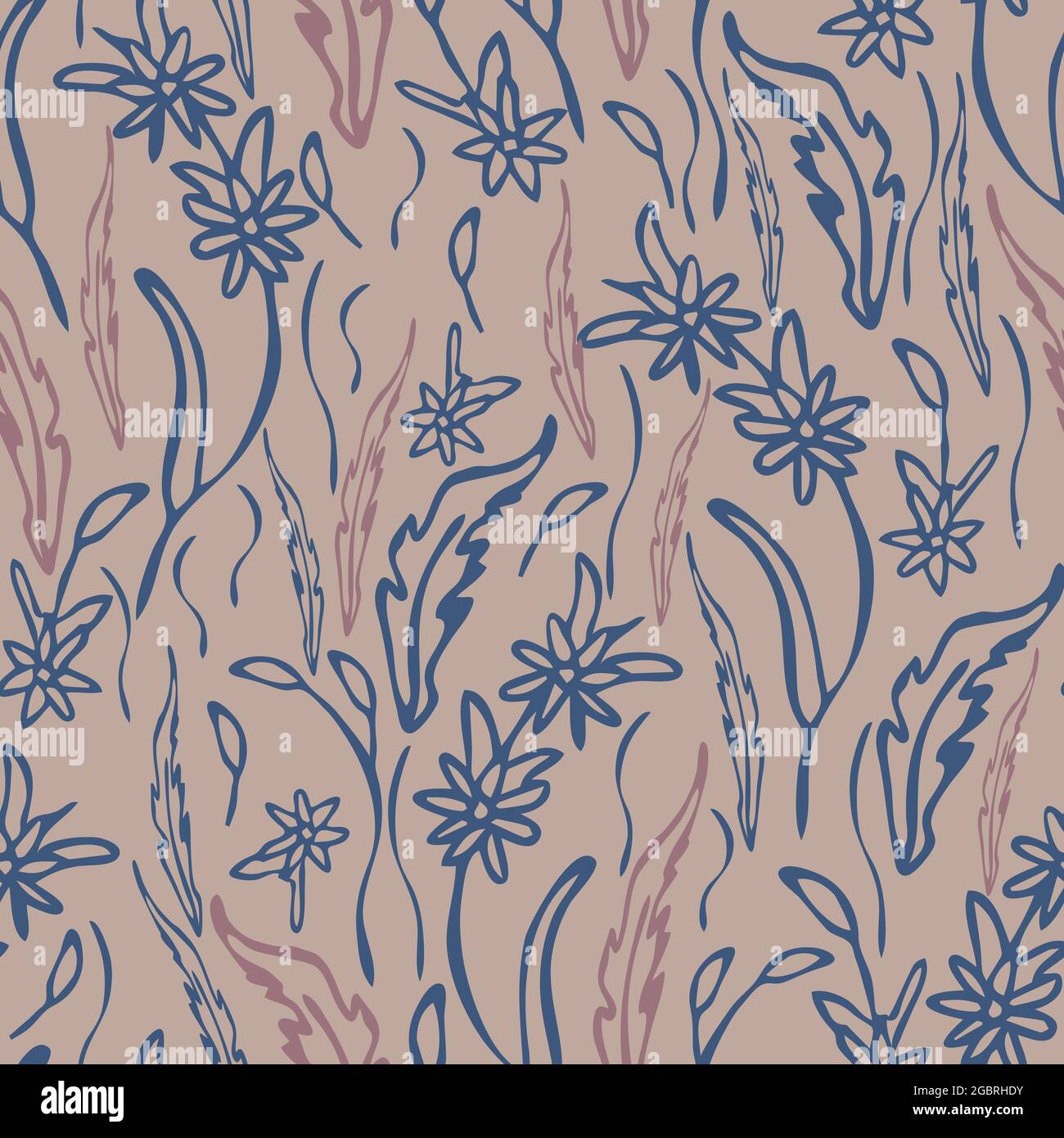 Motivo vettoriale senza cuciture con texture di fiori selvatici su sfondo rosa. Carta da parati decorativa in erba. Arte natura moda tessile. Illustrazione Vettoriale