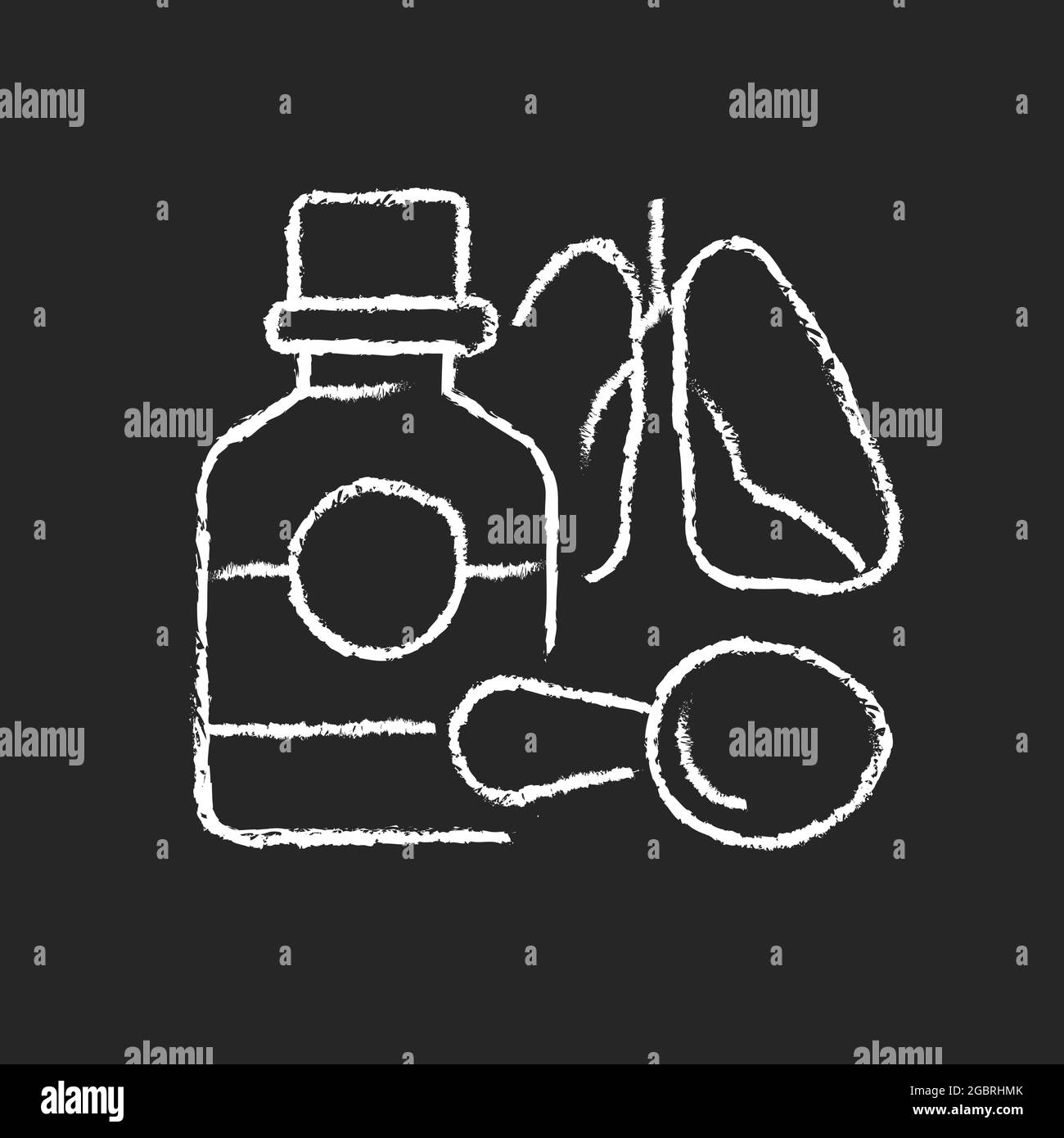 Sciroppo di tosse icona di gesso bianco su sfondo scuro Illustrazione Vettoriale