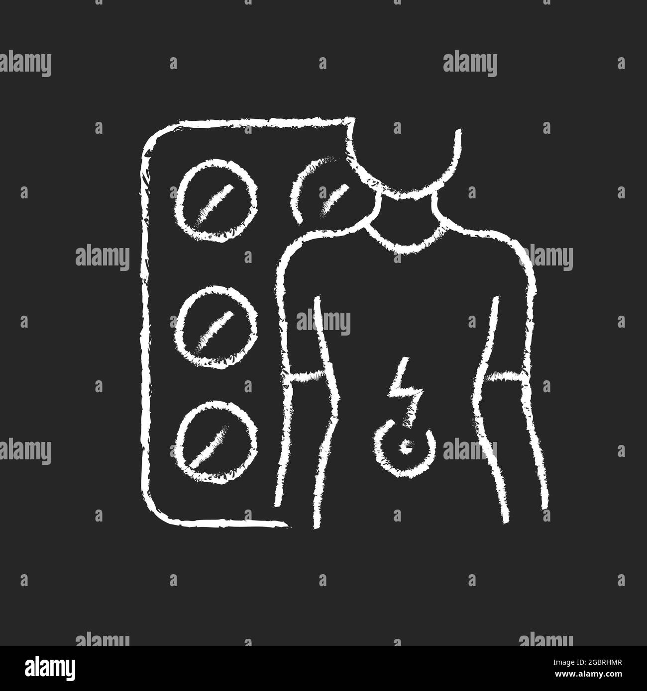 Compresse per mal di stomaco gesso bianco icona su sfondo scuro Illustrazione Vettoriale